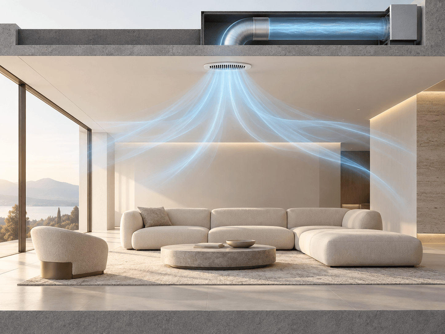 Luồng khí tươi đi qua đường ống và miệng cấp vào phòng khách